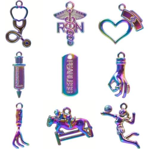 10Pcs/Lot Medicine Stethoscope Syringe RN Charms Word Fearless Hand Sport Pendant For Necklaces Bracelet Jewelry Handcraft
