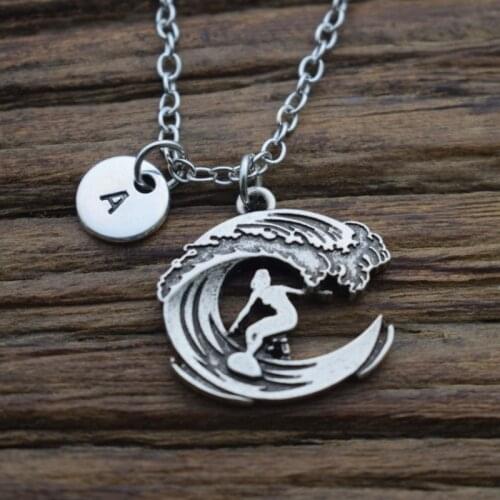12pcs A-Z Alphabet Initial Necklace Surf Boy Girl Seaside Waves Sailboat Pendant Summer jewelry