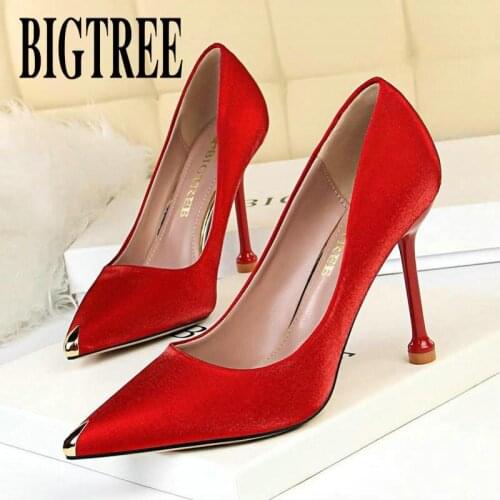 BIGTREE 2019 New Concise Solid Silk Wonen Pumps Fashion Office Shoes Women Sexy High Heels Shoes Womens Red Wedding Shoes Party
