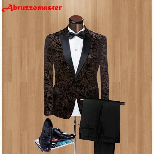 Brand Black Velvet Men Suits Peaked Lapel Slim Fit Wedding Suits For Best Men One Button Smart Casual Men Tuxedos (jacket+Pant)