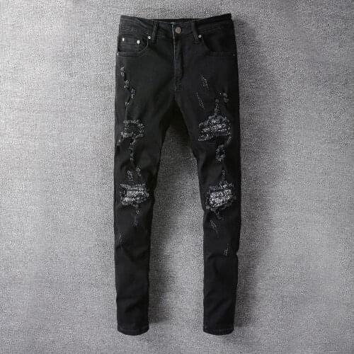 New mens male trousers fashion casual High Street Tide Brand New Black Ripped Jeans Pattern Patch Stretch Slim denim Pants