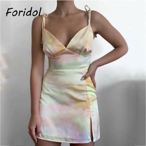 Foridol Tie-dyed Satin Party Dress Women Strap Lace Up Side Slit Short Summer Dress Sleeveless Beach Boho Rainbow Sundress 2021
