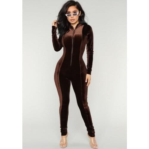 OKAYOASIS Free Shipping Sexy Women Long Sleeve Autumn Velvet Bodycon Jumpsuit Elegant Female Rompers
