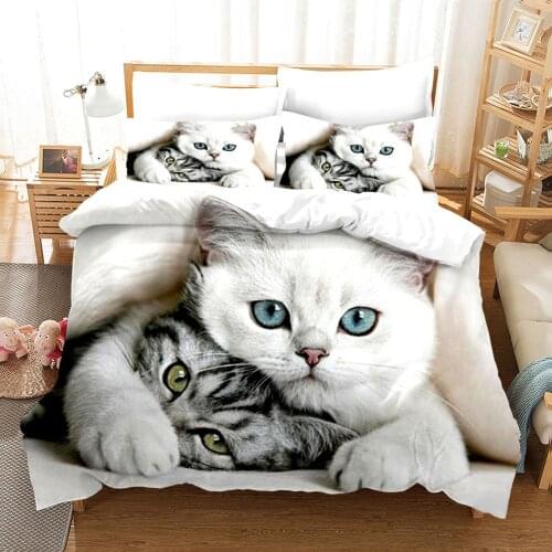 Lovely White Cat Fashion Bedding Set Modern 3D Print Comforter Luxury Queen King Single Size Duvet Cover Set Home Textile Decor