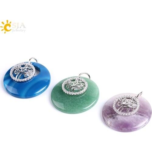 CSJA Tree of Life Hollow Round Necklaces & Pendants Natural Gem Stone Beads Green Aventurine Opal Tiger Eye Crystal Jewelry E836