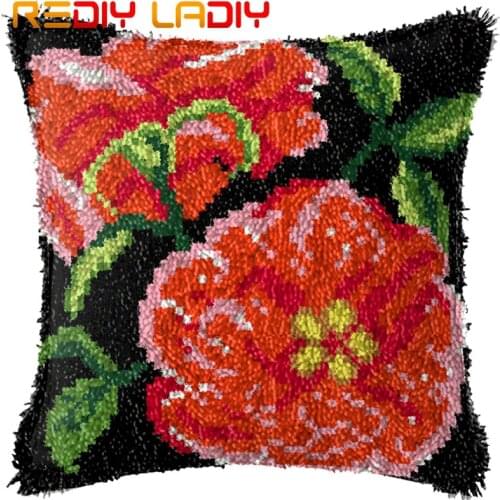 Latch Hook Cushion Poppy Flowers Pillow Case Pre-Printed Color Canvas Acrylic Yarn Latched Pillow Crochet Cushion Cover Crafts