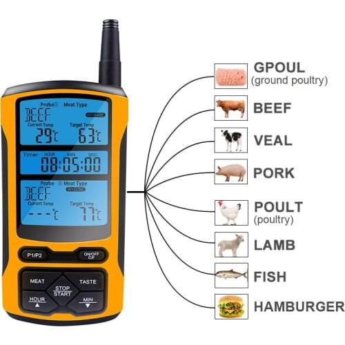 Food Kitchen Thermometer Remote Wireless Digital Meat Temperature Meter Dual Probe for BBQ, Cooking, Oven, Grill with Timer