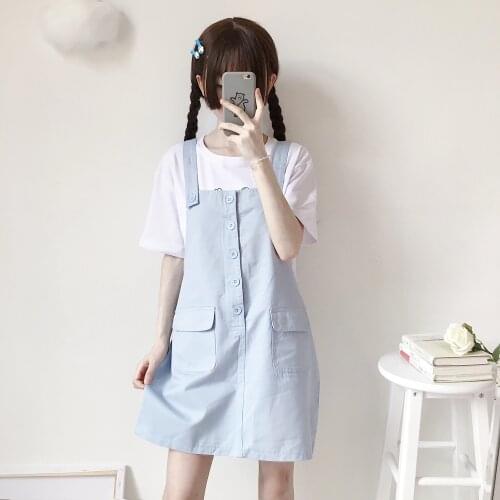 Summer Cute Womens Suspender Dress Straps Skirt Jumper Jumpsuit Overall Dress Kawaii Fresh Girl Pink & Blue Buttons Trim