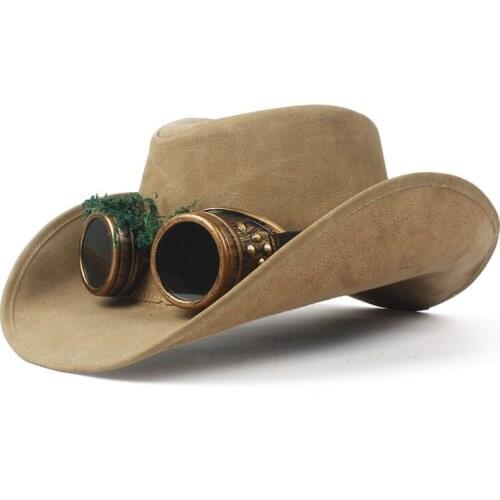 100% Leather Men Steampunk Western Cowboy Hat For Gentleman Dad Jazz Fedora Sombrero Hombre Caps Size 58-59CM With Punk Glasses
