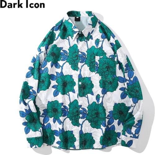 Dark Icon Big Floral Mens Shirts Long Sleeve Turn-down Collar Shirts for Man