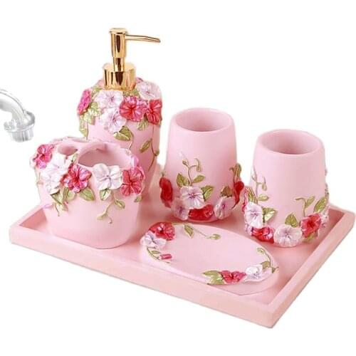 Pink Rose Flowers Bathroom Set Bathroom supplies Kit Wedding Gift Set Storage Tray Bathroom Decoration