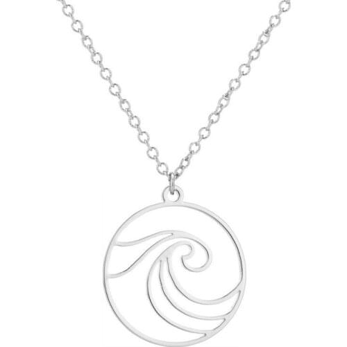 1pc Big Wave Stainless Steel Pendant Necklace Simple Round Sporty Necklaces Women Girls Men Fashion Jewelry