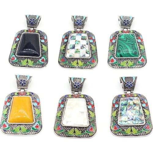 Natural Stone Pendant Trapezoidal Alloy Handmade DIY Retro Trend Necklace Bracelet Best Gift for Men and Women