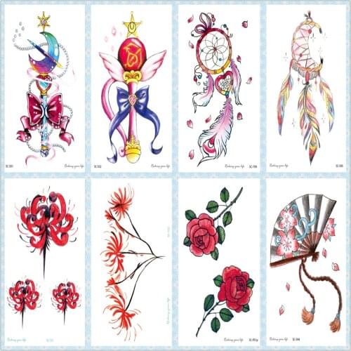 Rocooart Flowers Taty Dreamcatcher Tatouage Red Rose Fake Tattoo Magic Wand Waterproof Temporary Tattoo Stickers For Women Hand
