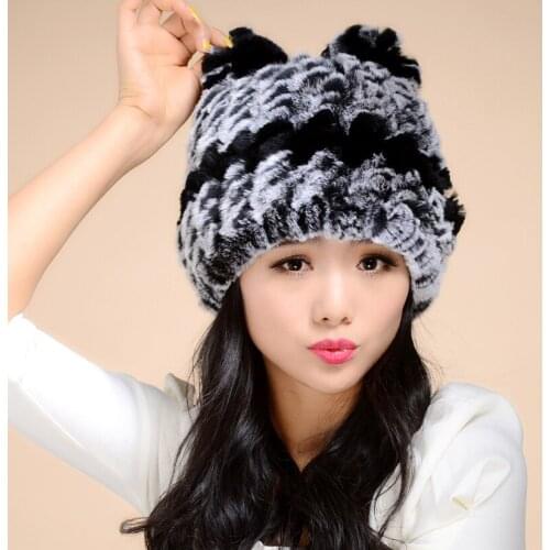 2016 Luxury Lady Real Knitted Rex Rabbit Fur Beanies with Ears Winter Genuine Women Fur Caps Female Hats Headgear 0704