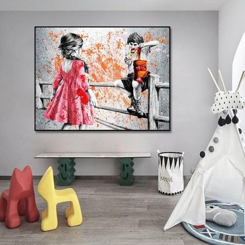Modern Graffiti PaintingLittle Boy And Girl Canvas Painting Poster Print Wall Art Picture For Living Room Home Decor Frameless