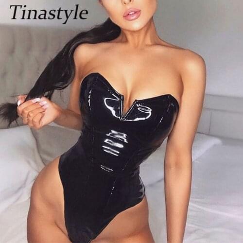 Tinastyle Black PU Leather Sexy Bodysuit Women Tops Strapless Bodycon Rompers Womens Jumpsuit Fashion Party Christmas Playsuits