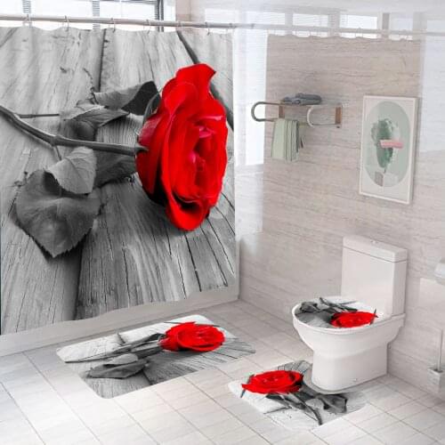 3D Digital Printing Rose Flowers Shower Curtain Waterproof Polyester Bathroom Curtains Red Shower Curtain Set Bath Mats Rugs