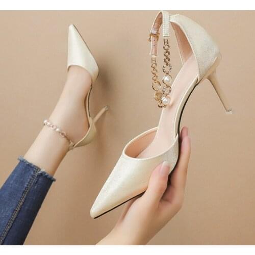 Women sandals PU Sequined Cloth Buckle Strap 8CM Thin Heels High heels Pointed Toe Bling Rhinestones Shallow sandal women shoes