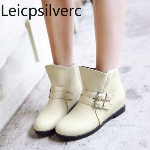 Womens Boots winter The New fashion Round head belt buckle flat Short tube Womens shoes plus size 33-43