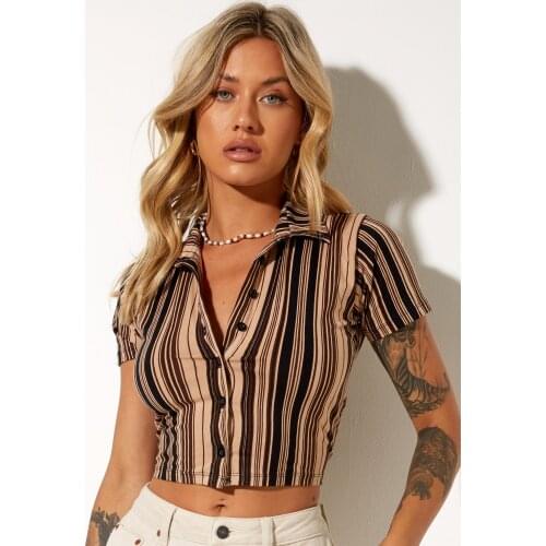 New Summer Tops Womens Button Down Crop Tops Sexy Short Sleeve Floral/Cherry/Stripes Print Lapel Shirts