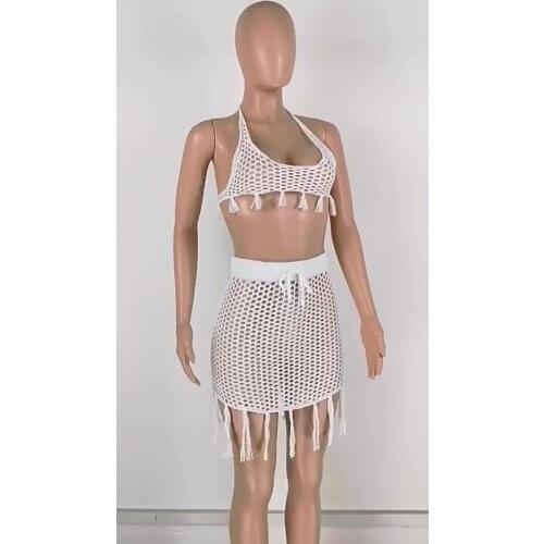 2021 New arrival women summer beach skirt set women fringed halter sexy two piece skirt set