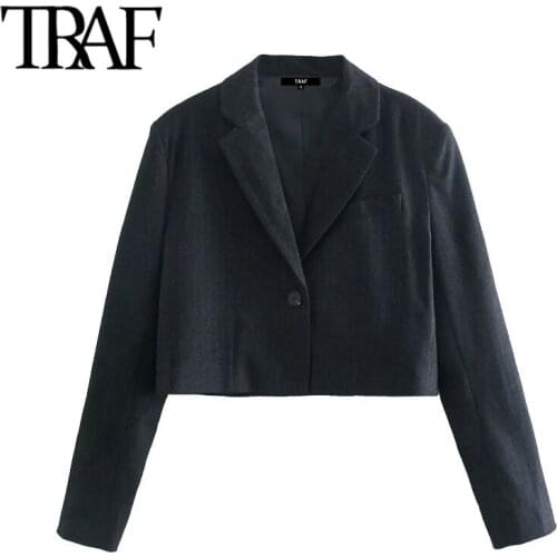 TRAF Women Fashion Single Button Striped Cropped Blazer Coat Vintage Long Sleeve Female Outerwear Chic Veste Femme