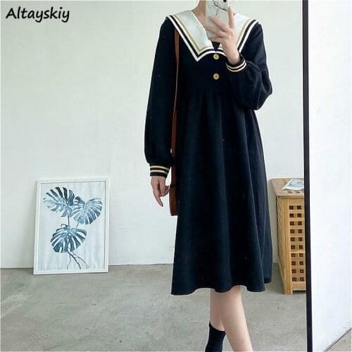 Dresses Women Black Preppy Style Popular Sailor Collar High Waist Korean Feminino Clothing Charm Kawaii All-match Students Fall