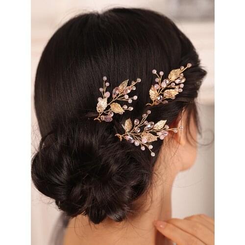 Gold Leaf Accessory Wedding Hair Jewelry Crystal Three Hair Pins Chic Fashion Women hat female wedding hair accessories