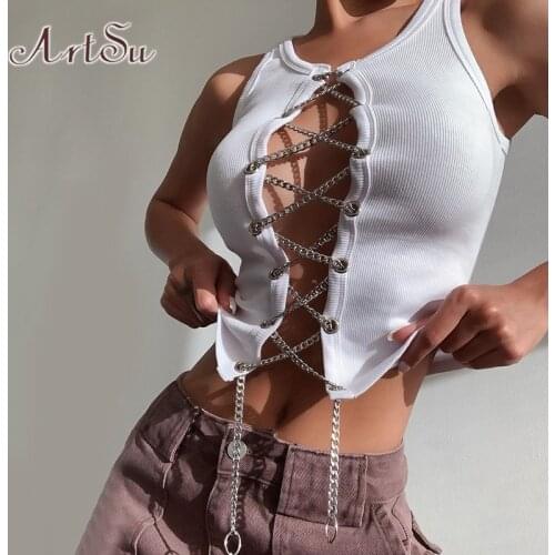 ArtSu Punk Style Metal Chain Bandage Hollow Out Tank Top Women High Street Casual Sexy Club Wear Camisole Vest Female VE52465
