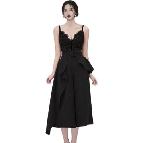 Black A line Dress set 2 piece korean ladies Summer Sleevelss tops And maxi suit cabaret party formal set for women