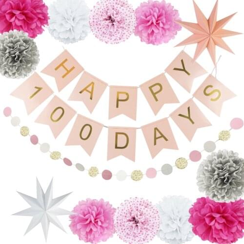 Happy 100 DAYs Party Decoration Kit Birthday Banner Circle Garland Star Lantern Pom Pom Flower for Baby Shower Birthday Kid