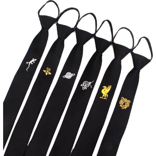 Black Embroidery Neck Ties For Men Women Casual Simple Necktie For Boys Girls Suits Student Tie Slim Zipper Ties Gravatas