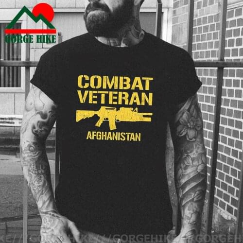 GorgeHike Vintage Distressed Look Combat Veteran Afghanistan Army Mens T-shirt Black White Guns Veteran Men Cotton T-shirt Tops