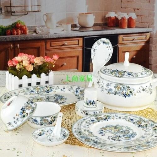 Guci China tableware Jingde zhen 56 pieces bone china tableware round section Zi yu shan zhuang glaze