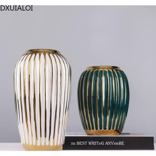 DXUIALOI Nordic Creative Plating Gold Dark Green Ceramic Vase Home Living Room Desktop Flower Arrangement Vase Decoration