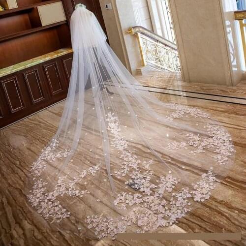 Lace Pink Flower Applique Wedding Veil Soft Tulle 3.5M Luxury Two Layers Bridal Voile Mariage With Face Veils Accessori Sposa