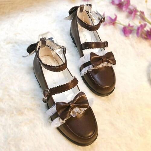 Lace Bowknot Cos JK Uniform Round Head Women Shoes Low-heeled 3 Colors PU Lovely Loli Sweet Girl Shoes Princess Kawaii Round Hea