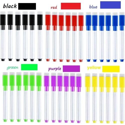 6pcs Whiteboard Marker Pens White Board Dry-Erase Fine Nib Pen with Eraser Rubber Magnetic Markers Writing Black Blue Red Purple
