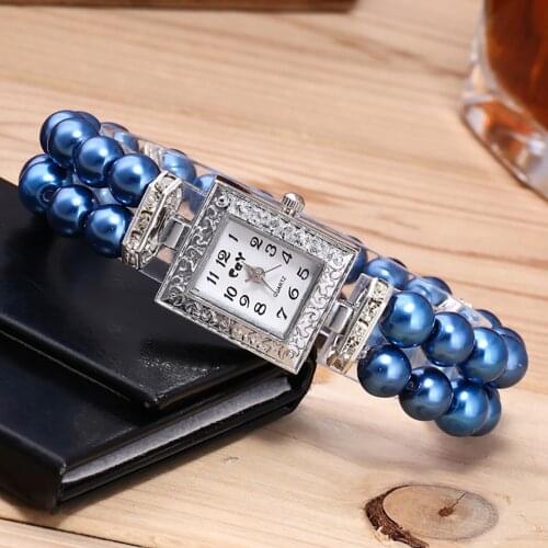 Fashion Women Pearl String Watch Strap Quartz Wrist Square Watch Luxury Watch Women Jewelry Lady Watch For Woman Luxury Saat