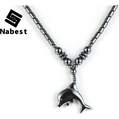 Men Women Black Hematite Dolphin Pendant Necklace Animal Charm Clavicle Chain Copper Screw Buckle Natural Stone Choker Jewelry