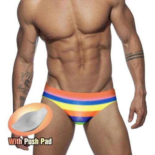 Summer New Rainbow Mens Triangle Swimming Trunks With Push Pad Bikini Low Waist Fashion European American Beach Surf Sport 2021