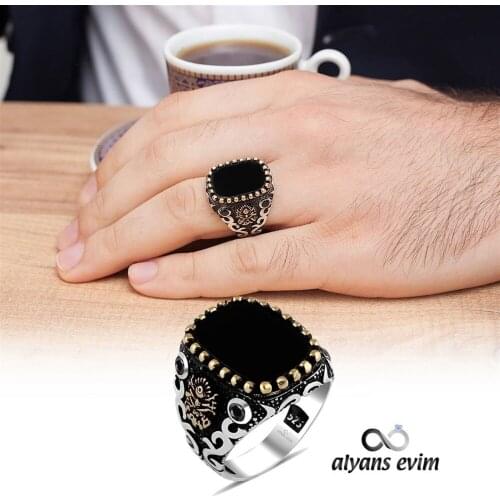 Square Onyx Gemstone Ottoman State Crested 925 Silver Men 'S Ring