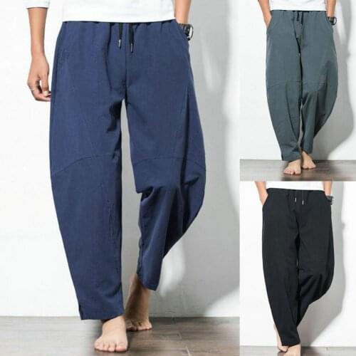 2021 New Men Pants Solid Color All-match Wind-proof Loose Skin-friendly Men Straight-Legs Linen Pants Sweat Absorbent for Home