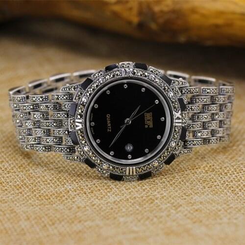 Limited Edition S925 Pure Silver Watch Classical Thai Silver Men Watch Thailand Process Rhinestone Bangle