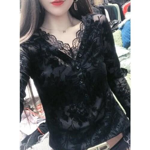 Autumn and Winter Long Sleeve V-neck Lace Womens Sexy Mesh Top Blusas Ropa De Mujer