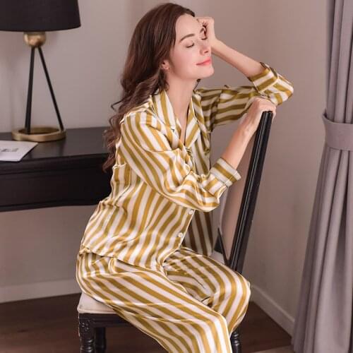 Fashion Genuine Silk Women Pajamas Striped Printed Long-Sleeve Pyjama Long Pants Sets 100% Silkworm Silk Sleepwear Female T8131