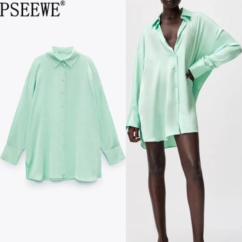 PSEEWE Za Woman 2021 Green Oversized Shirt Women Blouses Long Sleeve Satin Top Female Casual Collared Button Up Summer Shirt