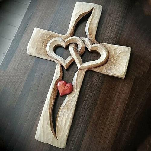 Christ Jesus Religious orthodox prayer Carved Wooden Cross with Hollow Intertwined Hearts Hanging Love Couple Family Wall Decor