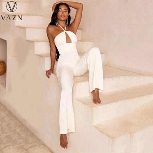 VAZN 2021 INS Chiffon Chiffon Fresh Clear Solid Halter Off Shoulder Backless Overalls Elegant High Waist Wide Leg Jumpsuits